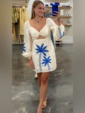 White Midi Dress with Blue Palm Embroidery size large the pants store NWT